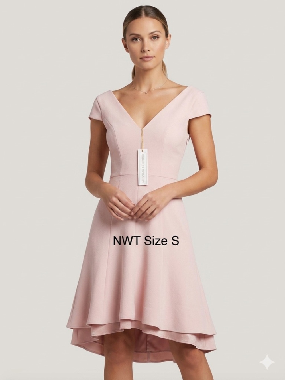 NWT Dress the Population Blush Pink High-Low V-Neck Fit & Flare Dress Small